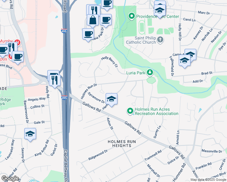 map of restaurants, bars, coffee shops, grocery stores, and more near 3325 Laurel Court in Falls Church