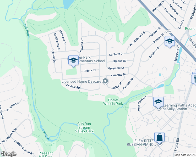 map of restaurants, bars, coffee shops, grocery stores, and more near 15001 Kamputa Drive in Centreville