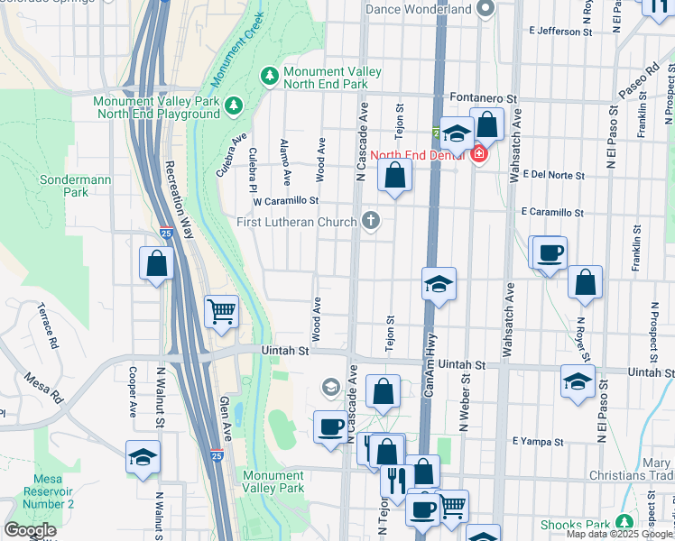 map of restaurants, bars, coffee shops, grocery stores, and more near 1420 North Cascade Avenue in Colorado Springs