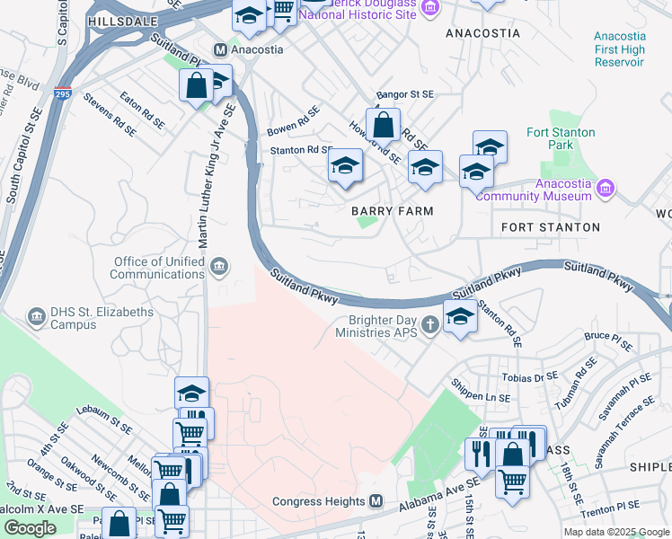 map of restaurants, bars, coffee shops, grocery stores, and more near 2516 Elvans Road Southeast in Washington