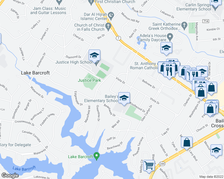 map of restaurants, bars, coffee shops, grocery stores, and more near 6126 Knollwood Drive in Falls Church