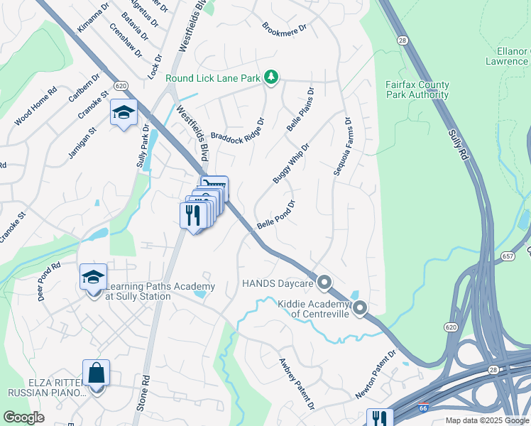 map of restaurants, bars, coffee shops, grocery stores, and more near 14423 Coachway Drive in Centreville