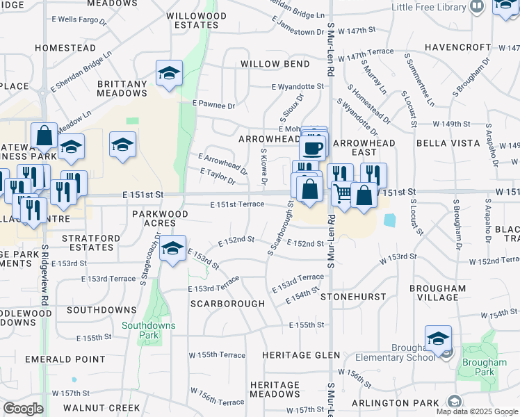 map of restaurants, bars, coffee shops, grocery stores, and more near 2016 East 151st Terrace in Olathe