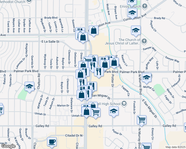 map of restaurants, bars, coffee shops, grocery stores, and more near 3905-3919 Palmer Park Boulevard in Colorado Springs