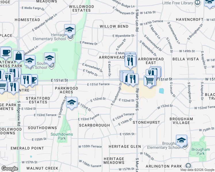 map of restaurants, bars, coffee shops, grocery stores, and more near 2016 East 151st Terrace in Olathe