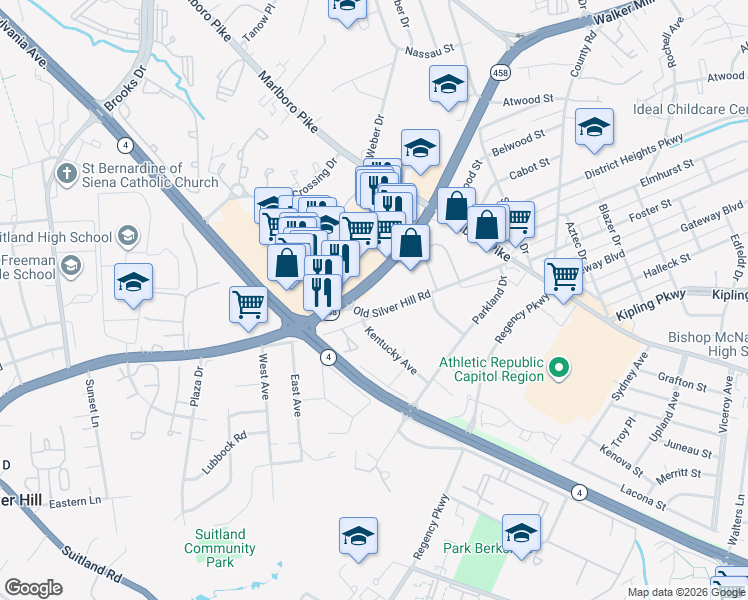 map of restaurants, bars, coffee shops, grocery stores, and more near 5741 Silver Hill Road in District Heights