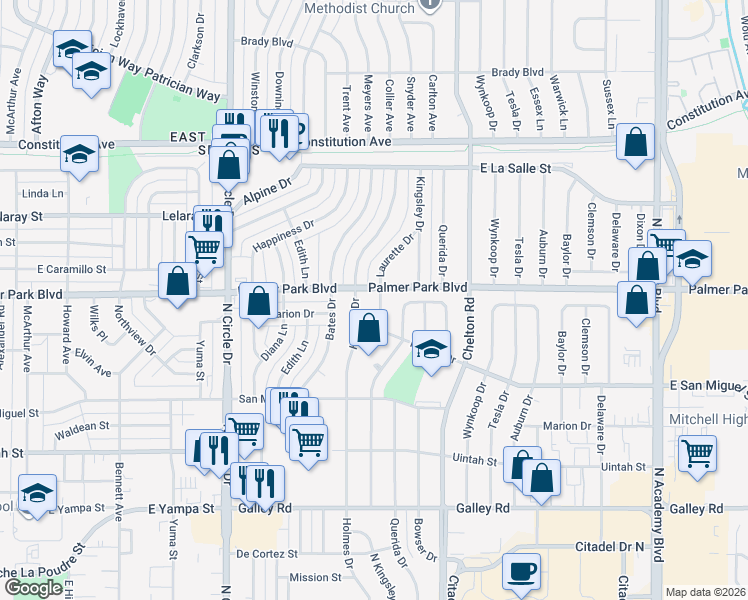 map of restaurants, bars, coffee shops, grocery stores, and more near 1503 Laurette Drive in Colorado Springs