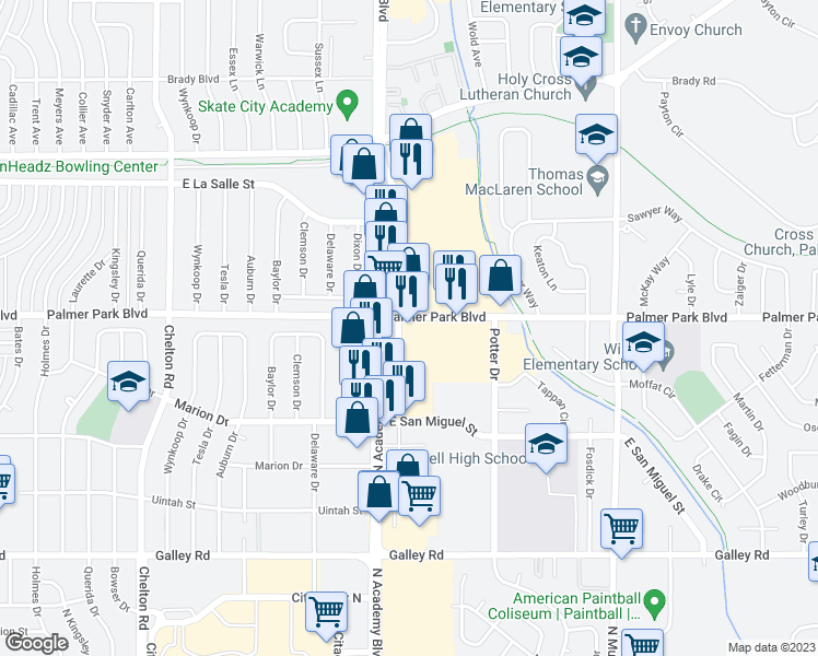 map of restaurants, bars, coffee shops, grocery stores, and more near 1431 North Academy Boulevard in Colorado Springs