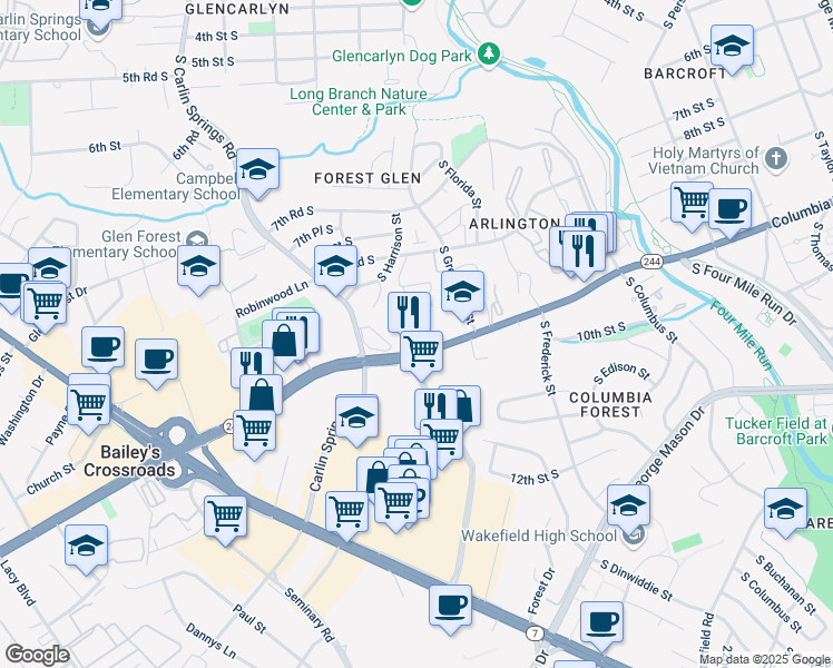 map of restaurants, bars, coffee shops, grocery stores, and more near 5551 Columbia Pike in Arlington