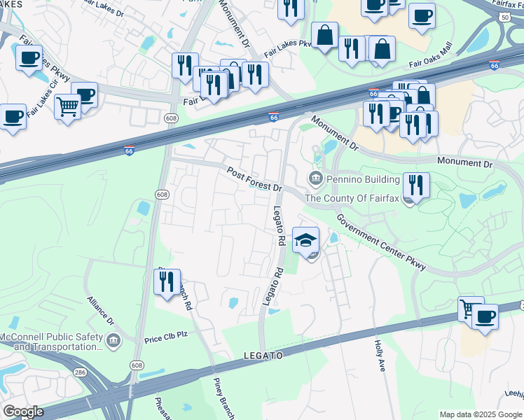 map of restaurants, bars, coffee shops, grocery stores, and more near 12148 Garden Grove Circle in Fairfax