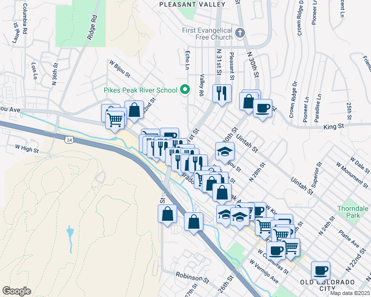 map of restaurants, bars, coffee shops, grocery stores, and more near 107 North 31st Street in Colorado Springs