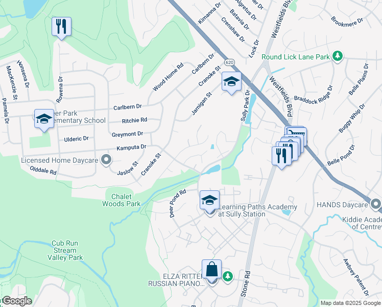 map of restaurants, bars, coffee shops, grocery stores, and more near 5616 Schoolfield Court in Centreville