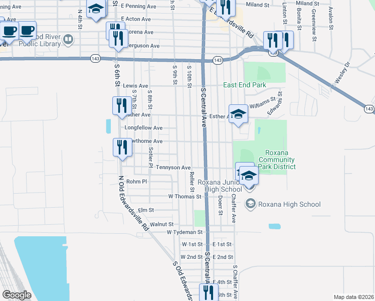 map of restaurants, bars, coffee shops, grocery stores, and more near 908 Hawthorne Avenue in Wood River