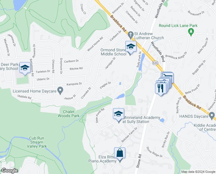 map of restaurants, bars, coffee shops, grocery stores, and more near 5616 Schoolfield Court in Centreville