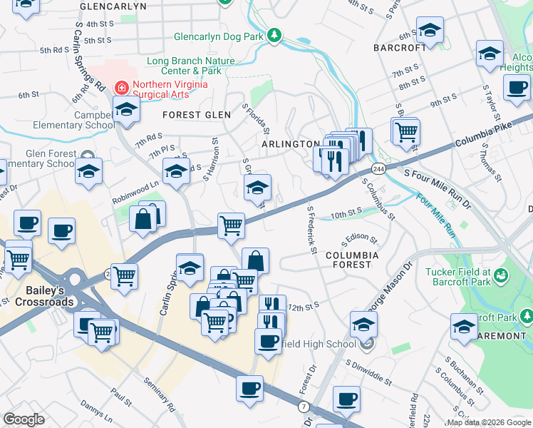 map of restaurants, bars, coffee shops, grocery stores, and more near Columbia Pike & S Greenbrier St in Arlington