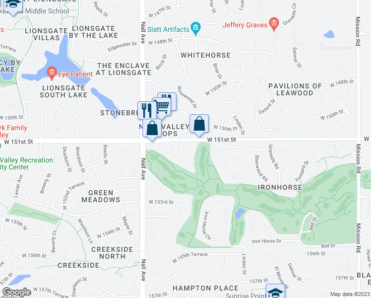 map of restaurants, bars, coffee shops, grocery stores, and more near 14703 Rosewood Street in Leawood