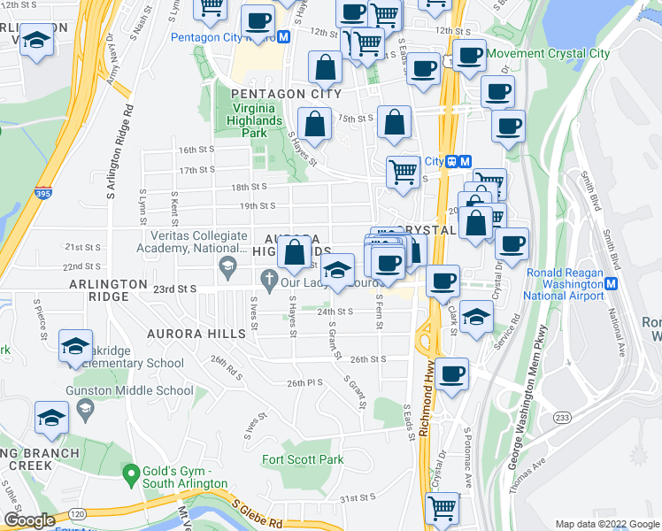 map of restaurants, bars, coffee shops, grocery stores, and more near S Grant St & 22nd St S in Arlington