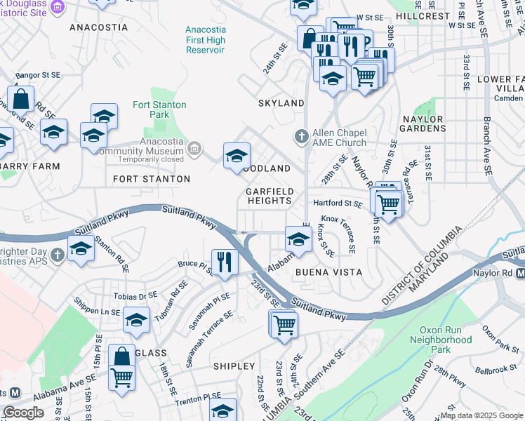 map of restaurants, bars, coffee shops, grocery stores, and more near Hartford Street Southeast in Washington