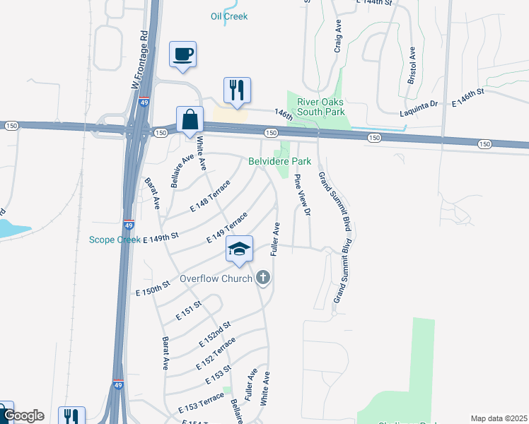 map of restaurants, bars, coffee shops, grocery stores, and more near 6418 East 150th Street in Grandview