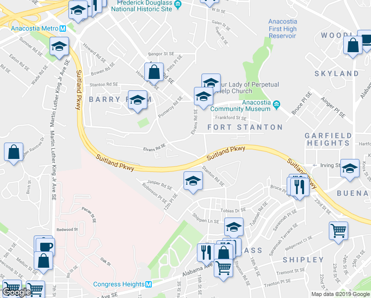 map of restaurants, bars, coffee shops, grocery stores, and more near 3018 Stanton Road Southeast in Washington