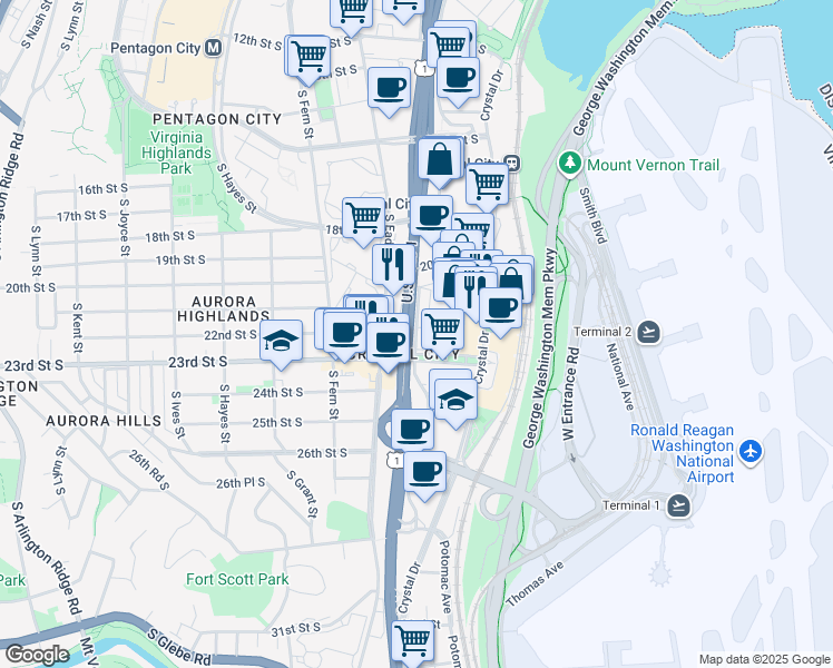 map of restaurants, bars, coffee shops, grocery stores, and more near 3400 South Clark Street in Arlington