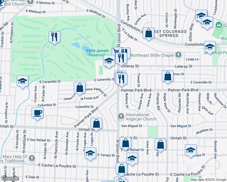 map of restaurants, bars, coffee shops, grocery stores, and more near 1512 North Union Boulevard in Colorado Springs