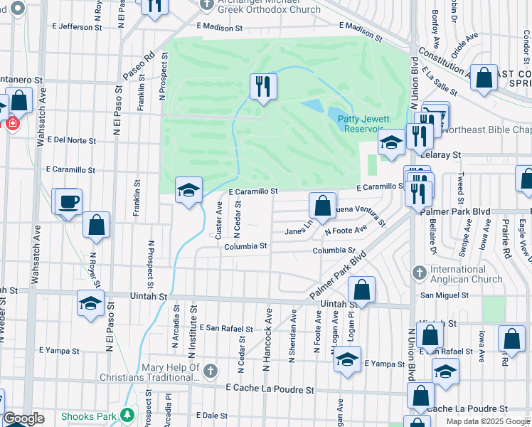 map of restaurants, bars, coffee shops, grocery stores, and more near 1506 North Hancock Avenue in Colorado Springs