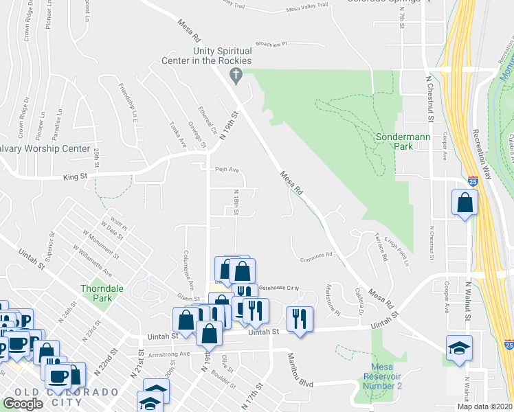 map of restaurants, bars, coffee shops, grocery stores, and more near 1050 Mohawk Drive in Colorado Springs