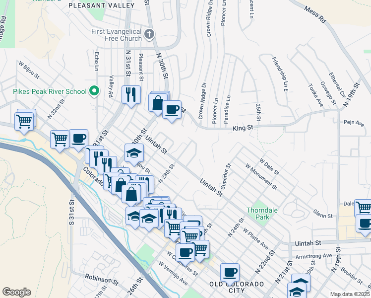 map of restaurants, bars, coffee shops, grocery stores, and more near 417 Glen View Court in Colorado Springs