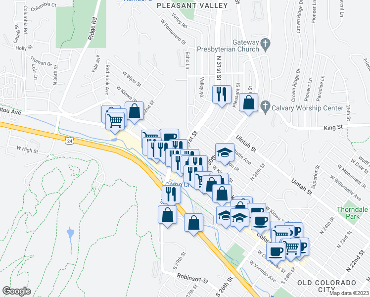 map of restaurants, bars, coffee shops, grocery stores, and more near 107 North 31st Street in Colorado Springs