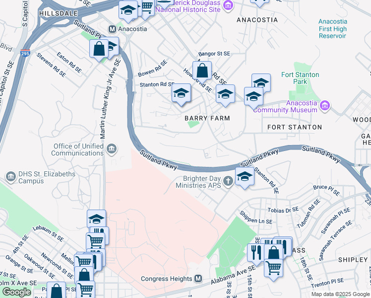map of restaurants, bars, coffee shops, grocery stores, and more near 2516 Elvans Road Southeast in Washington