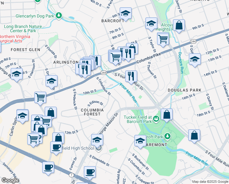 map of restaurants, bars, coffee shops, grocery stores, and more near 1102 South Buchanan Street in Arlington