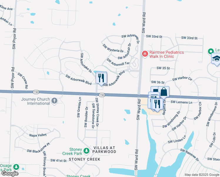 map of restaurants, bars, coffee shops, grocery stores, and more near 1281 Southwest Arborwalk Boulevard in Lee's Summit