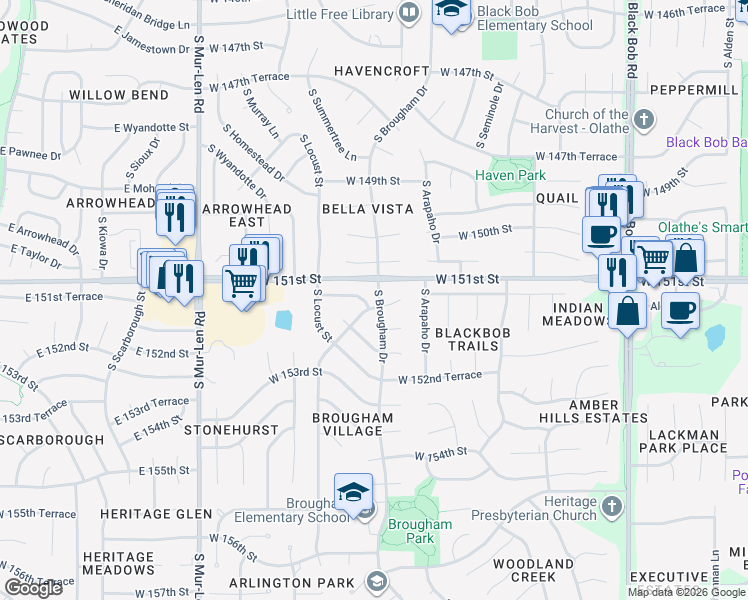 map of restaurants, bars, coffee shops, grocery stores, and more near 15101 South Brougham Drive in Olathe