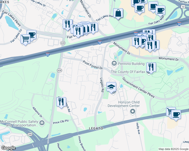 map of restaurants, bars, coffee shops, grocery stores, and more near 12140 Garden Grove Circle in Fairfax