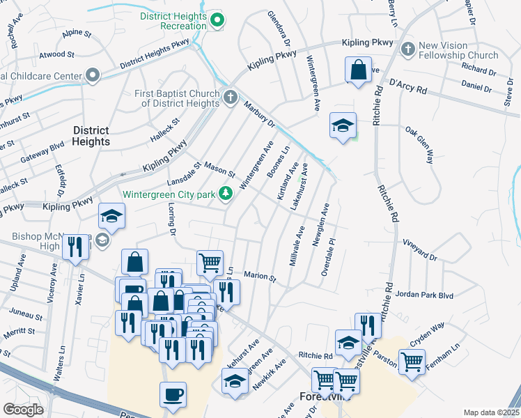 map of restaurants, bars, coffee shops, grocery stores, and more near 7304 Malden Lane in District Heights