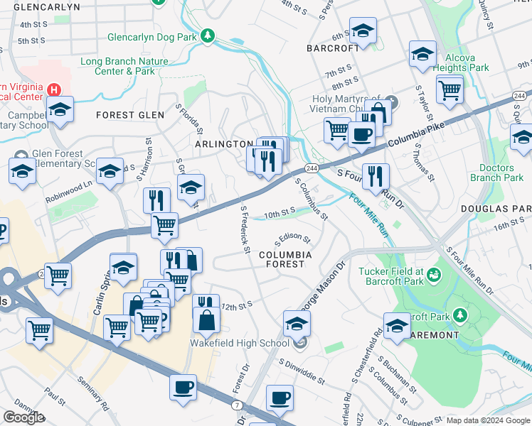 map of restaurants, bars, coffee shops, grocery stores, and more near 5107 10th Street South in Arlington