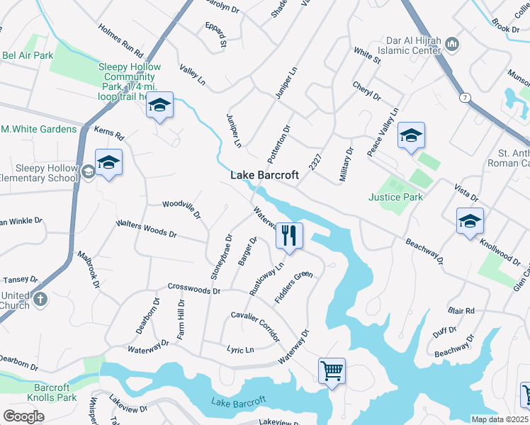 map of restaurants, bars, coffee shops, grocery stores, and more near 6213 Waterway Drive in Falls Church
