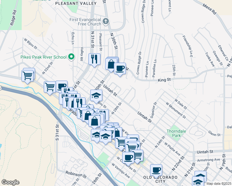map of restaurants, bars, coffee shops, grocery stores, and more near 2824 West Uintah Street in Colorado Springs