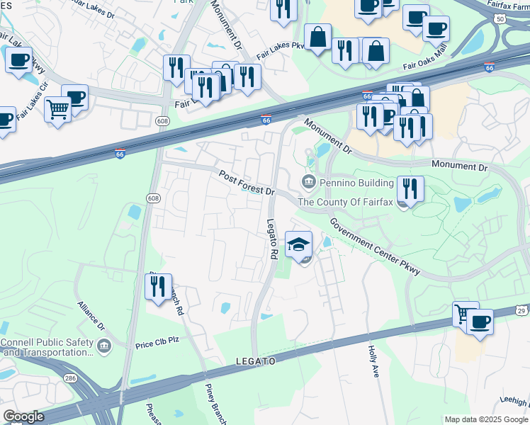 map of restaurants, bars, coffee shops, grocery stores, and more near 4415 Weatherington Lane in Fairfax