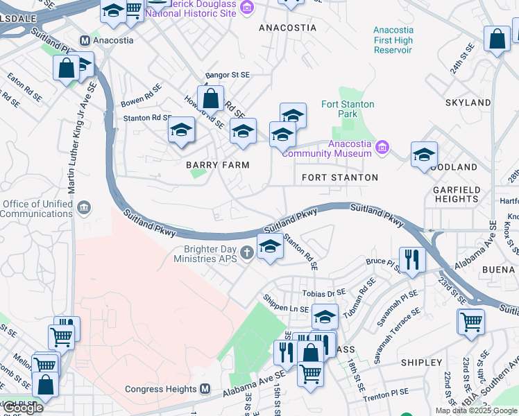 map of restaurants, bars, coffee shops, grocery stores, and more near 3018 Stanton Road Southeast in Washington