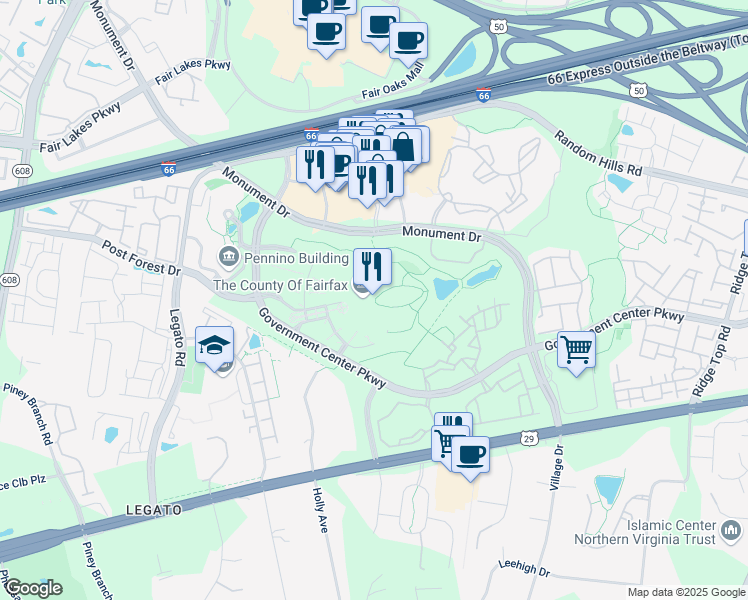 map of restaurants, bars, coffee shops, grocery stores, and more near 12000 Government Center Parkway in Fairfax