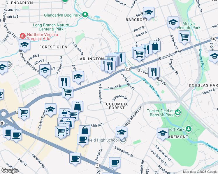 map of restaurants, bars, coffee shops, grocery stores, and more near 5107 10th Street South in Arlington