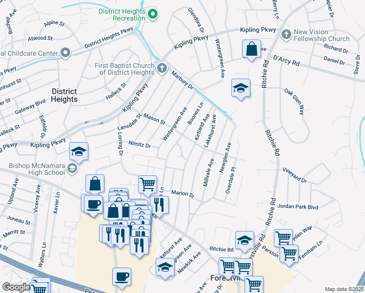 map of restaurants, bars, coffee shops, grocery stores, and more near 7304 Malden Lane in District Heights