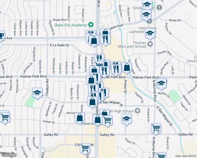 map of restaurants, bars, coffee shops, grocery stores, and more near 3901 Palmer Park Boulevard in Colorado Springs