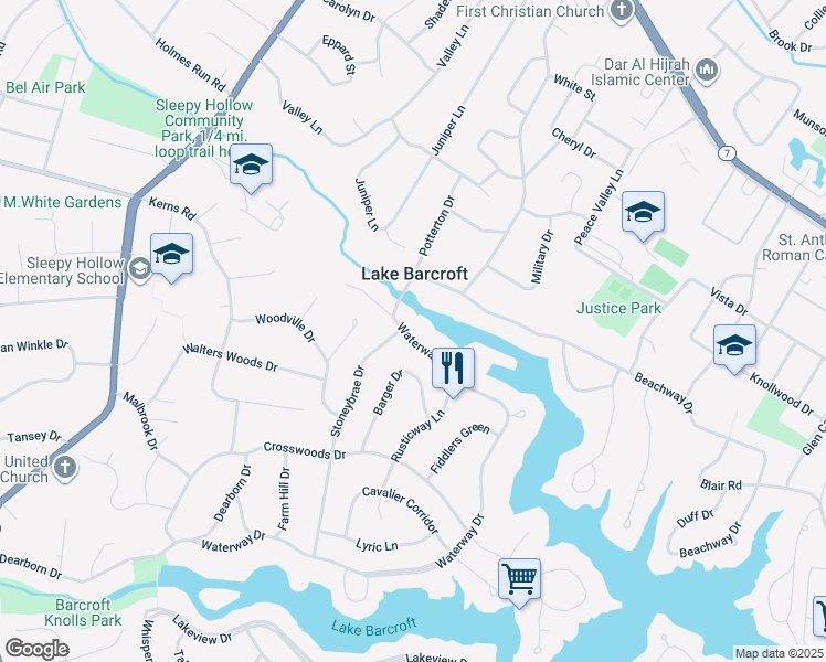 map of restaurants, bars, coffee shops, grocery stores, and more near 6213 Waterway Drive in Falls Church