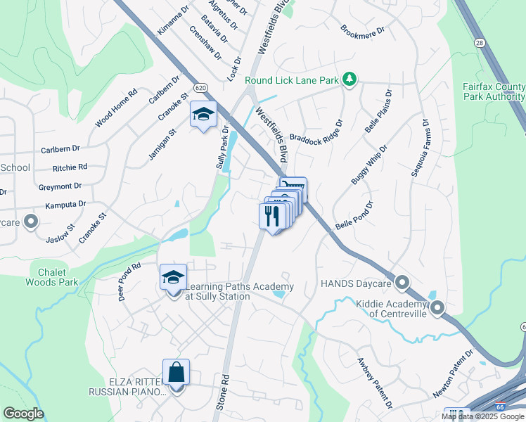 map of restaurants, bars, coffee shops, grocery stores, and more near 14601 Stone Crossing Court in Centreville