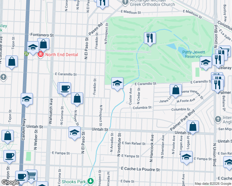 map of restaurants, bars, coffee shops, grocery stores, and more near 900 East Buena Ventura Street in Colorado Springs