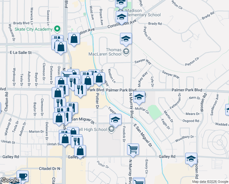 map of restaurants, bars, coffee shops, grocery stores, and more near 4119 Palmer Park Boulevard in Colorado Springs