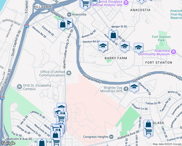 map of restaurants, bars, coffee shops, grocery stores, and more near 2540 Elvans Road Southeast in Washington